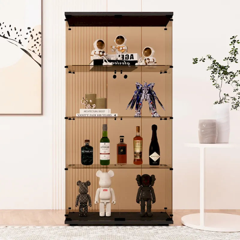 Two-door Tawny Glass Display Cabinet 4 Shelves with Door, Floor Standing Curio Bookshelf