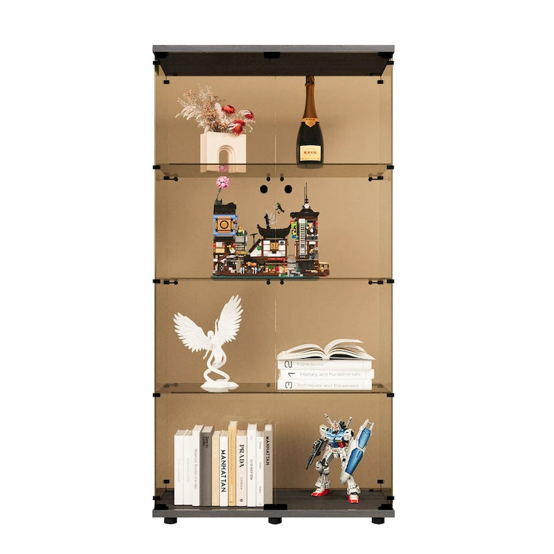 Two-door Tawny Glass Display Cabinet 4 Shelves with Door, Floor Standing Curio Bookshelf