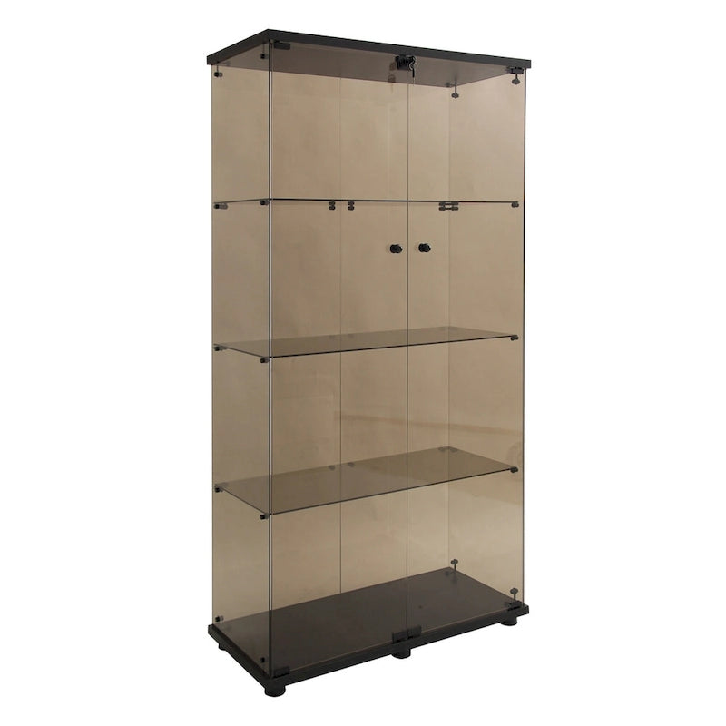 Two-door Tawny Glass Display Cabinet 4 Shelves with Door, Floor Standing Curio Bookshelf