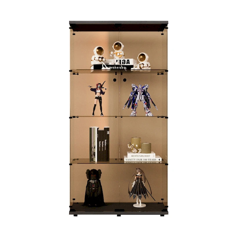 Two-door Tawny Glass Display Cabinet 4 Shelves with Door, Floor Standing Curio Bookshelf