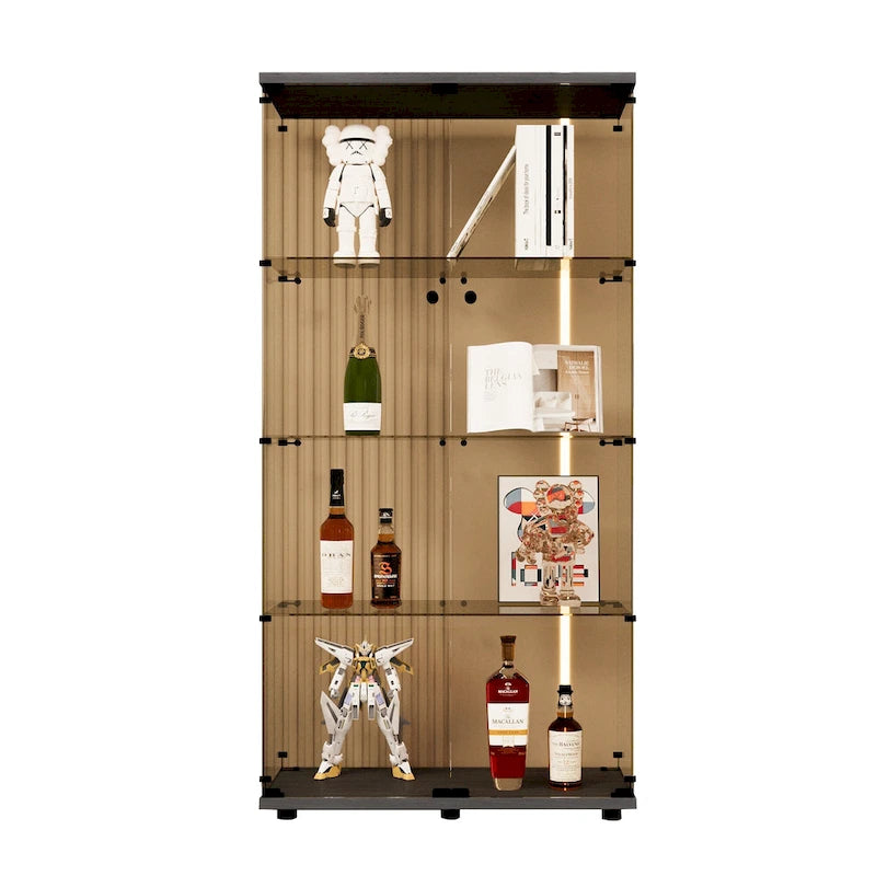 Two-door Tawny Glass Display Cabinet 4 Shelves with Door, Floor Standing Curio Bookshelf