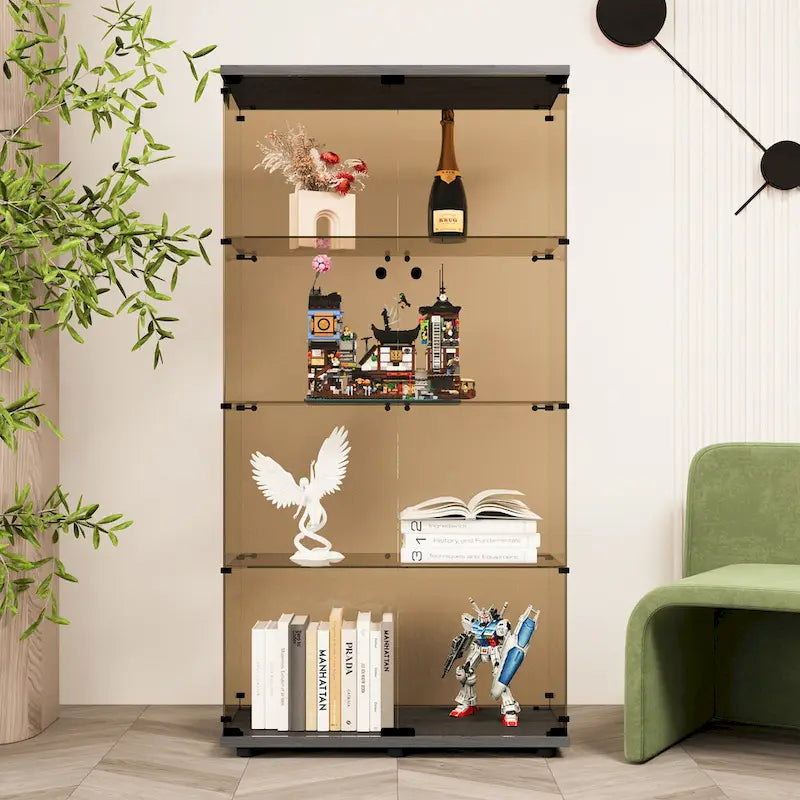 Two-door Tawny Glass Display Cabinet 4 Shelves with Door, Floor Standing Curio Bookshelf