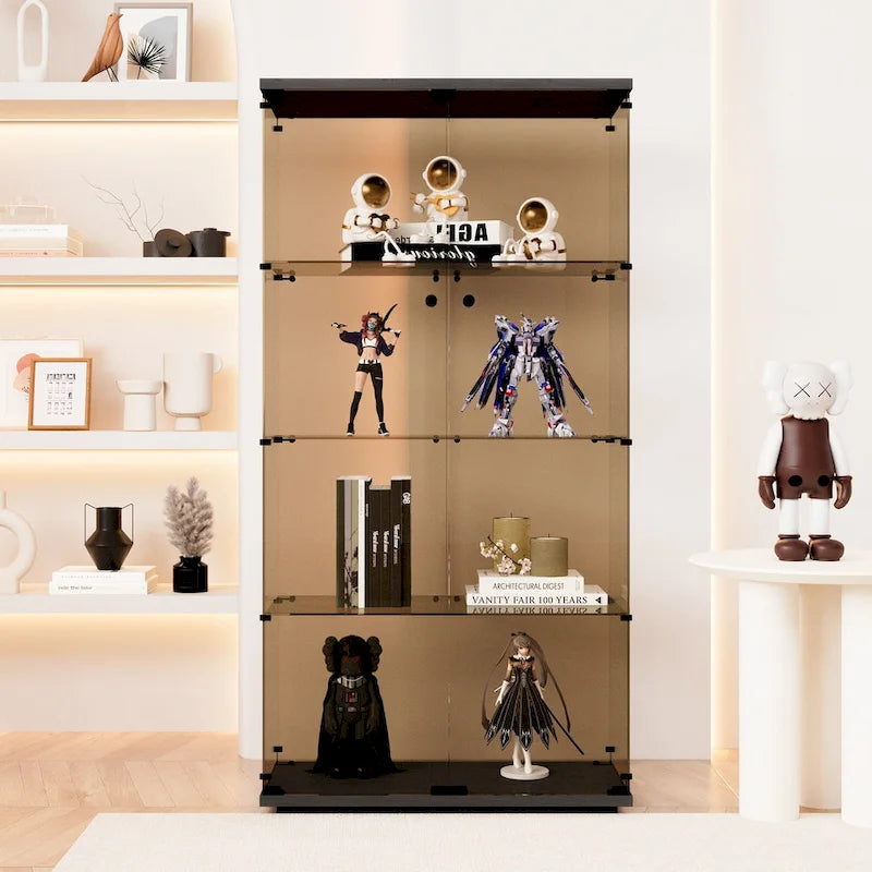 Two-door Tawny Glass Display Cabinet 4 Shelves with Door, Floor Standing Curio Bookshelf