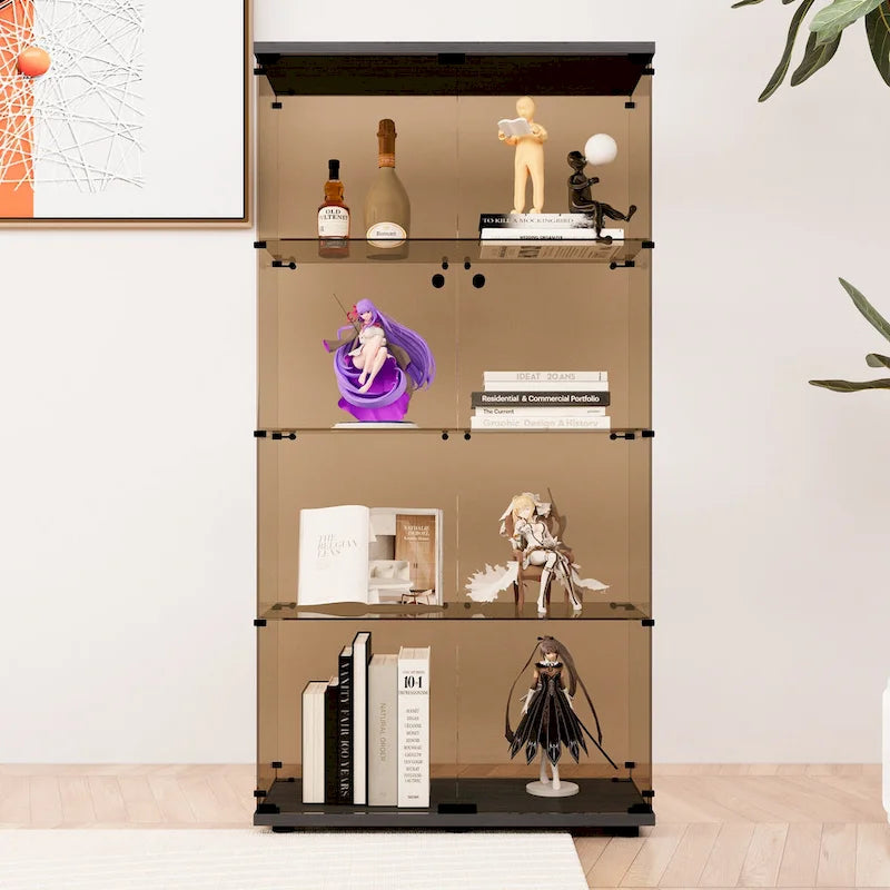 Two-door Tawny Glass Display Cabinet 4 Shelves with Door, Floor Standing Curio Bookshelf