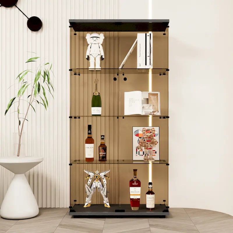 Two-door Tawny Glass Display Cabinet 4 Shelves with Door, Floor Standing Curio Bookshelf