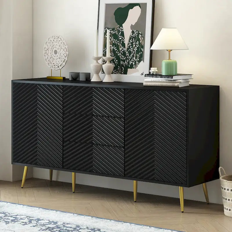 Sideboard with Geometric Line Design, Conical Metal Legs, and Central Drawers for Stylish Storage, for Entryway and Living Room