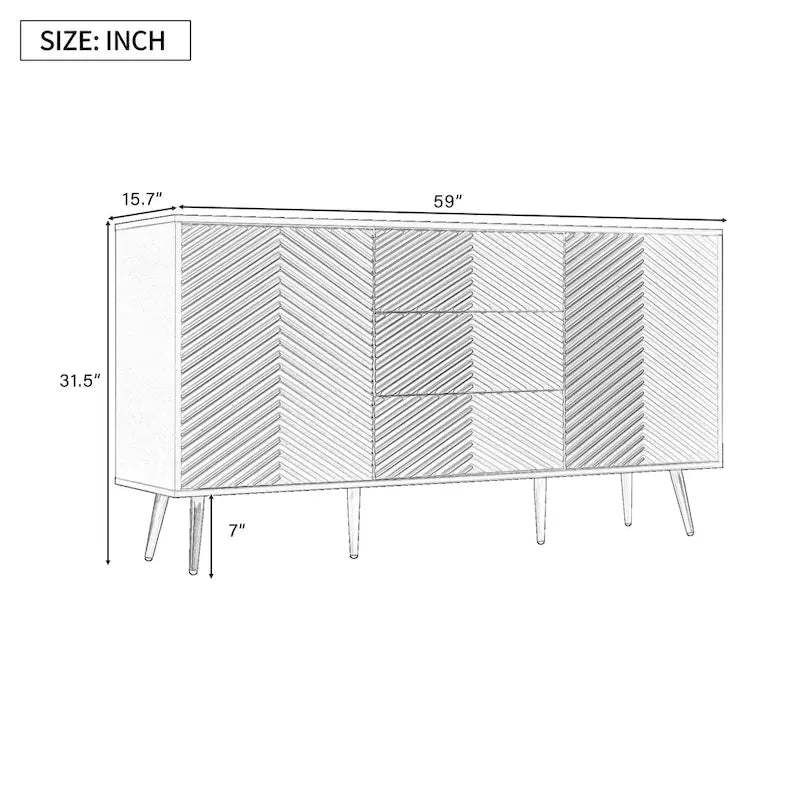 Sideboard with Geometric Line Design, Conical Metal Legs, and Central Drawers for Stylish Storage, for Entryway and Living Room