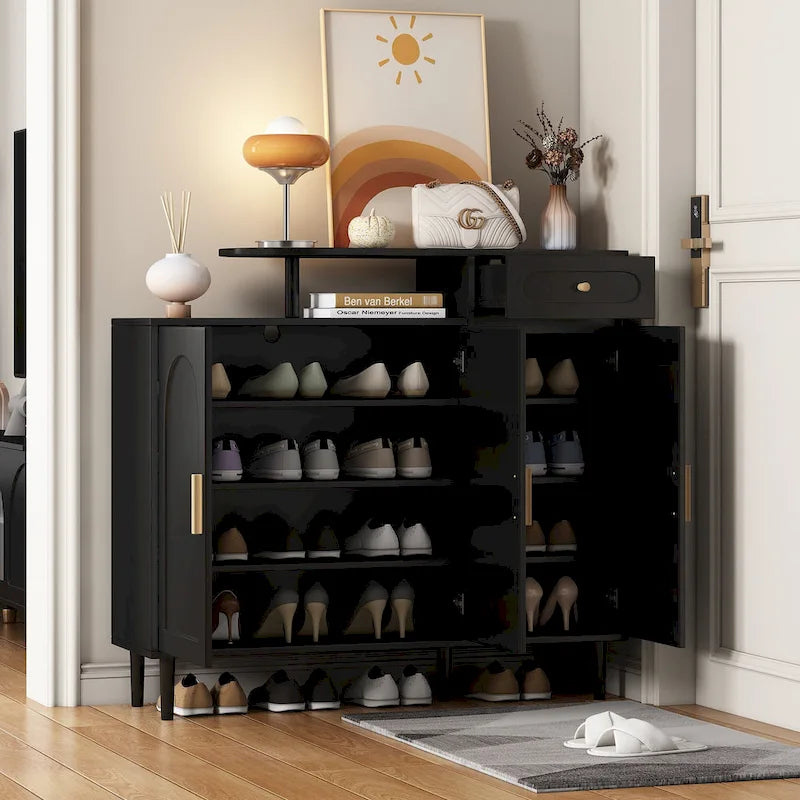 Elegant Shoe Cabinet with Arched Doors and Drawer, Cream Style Storage Sideboard with Adjustable Shelves and Solid Wood Legs