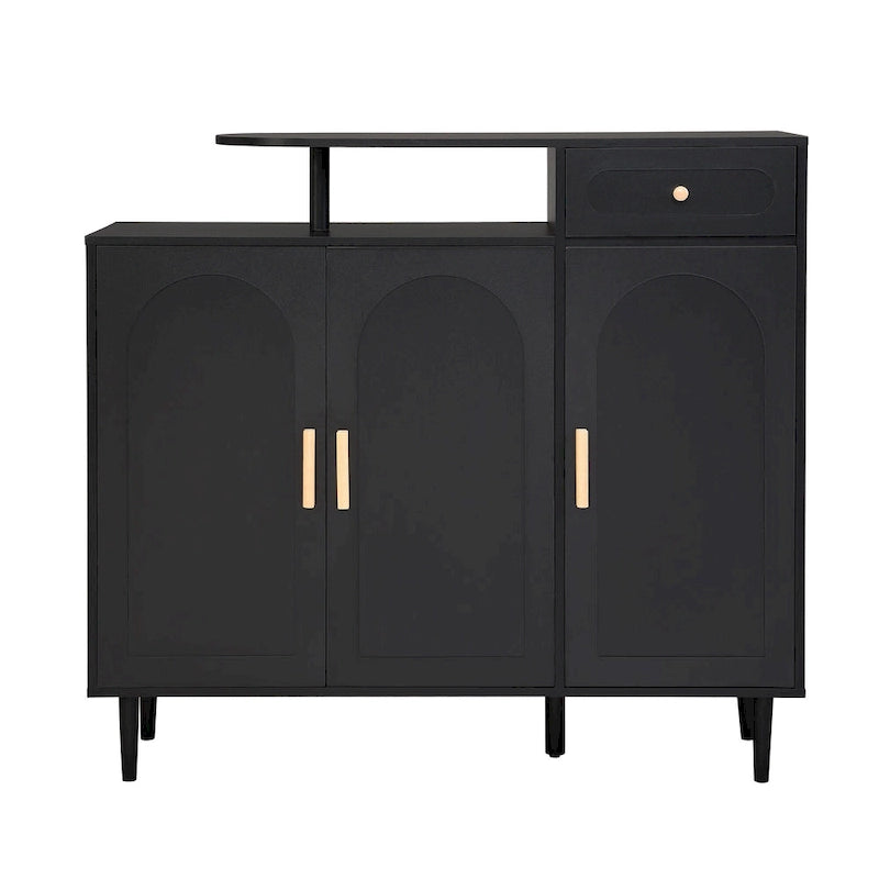 Elegant Shoe Cabinet with Arched Doors and Drawer, Cream Style Storage Sideboard with Adjustable Shelves and Solid Wood Legs