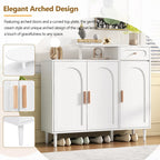 Elegant Shoe Cabinet with Arched Doors and Drawer, Cream Style Storage Sideboard with Adjustable Shelves and Solid Wood Legs