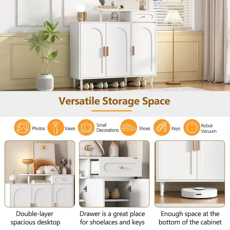 Elegant Shoe Cabinet with Arched Doors and Drawer, Cream Style Storage Sideboard with Adjustable Shelves and Solid Wood Legs