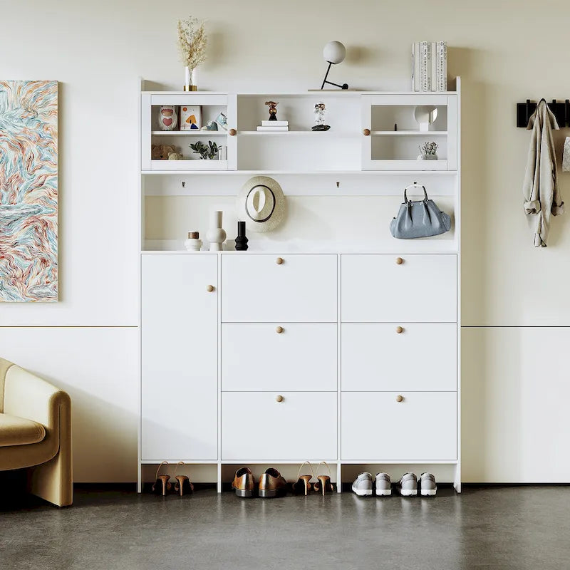 Multifunctional Tipping Bucket Shoe Cabinet with Storage Shelf & 6 Flip Drawers, Large Hall Tree with Tempered Glass Doors