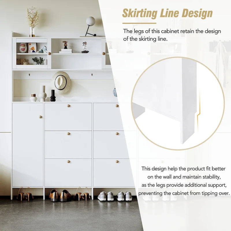 Multifunctional Tipping Bucket Shoe Cabinet with Storage Shelf & 6 Flip Drawers, Large Hall Tree with Tempered Glass Doors