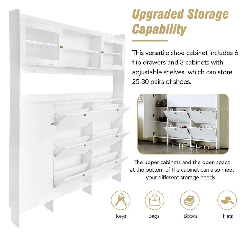 Multifunctional Tipping Bucket Shoe Cabinet with Storage Shelf & 6 Flip Drawers, Large Hall Tree with Tempered Glass Doors