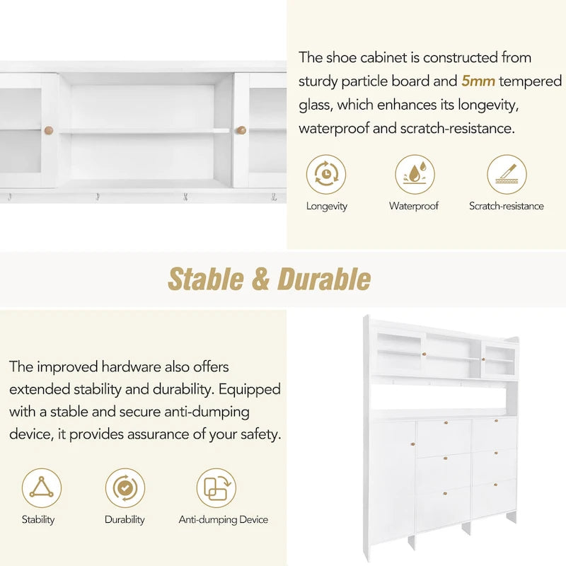 Multifunctional Tipping Bucket Shoe Cabinet with Storage Shelf & 6 Flip Drawers, Large Hall Tree with Tempered Glass Doors