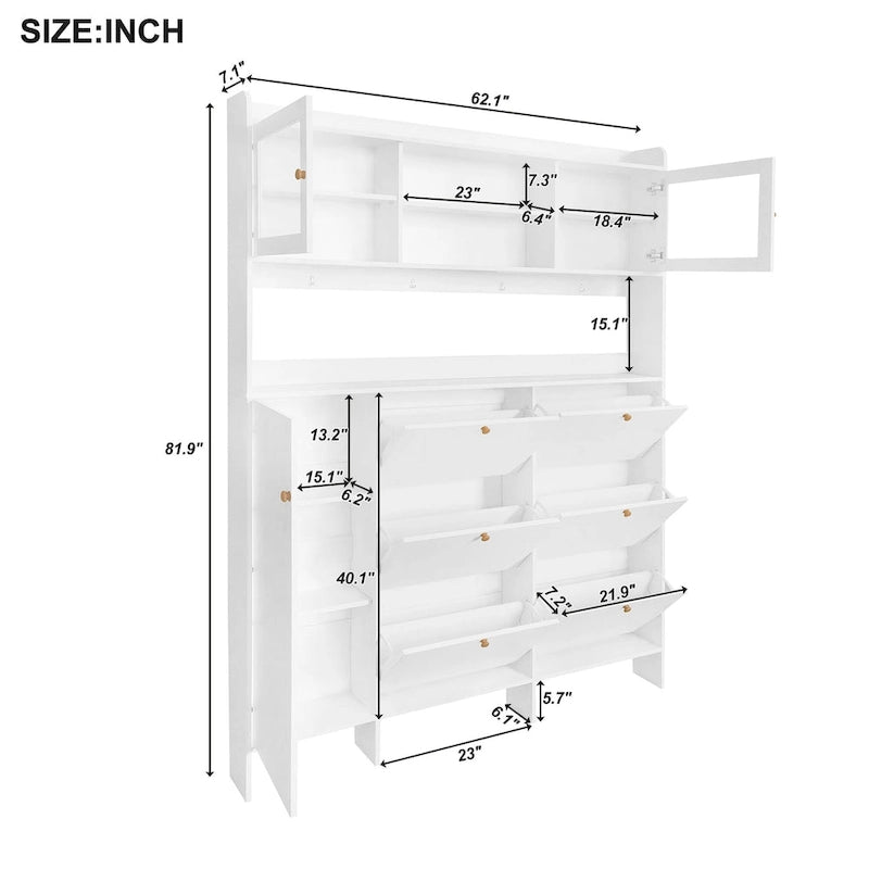 Multifunctional Tipping Bucket Shoe Cabinet with Storage Shelf & 6 Flip Drawers, Large Hall Tree with Tempered Glass Doors