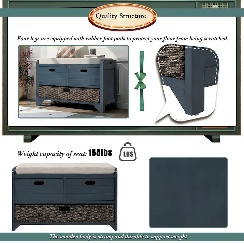 Storage Bench with Removable Basket and 2 Drawers