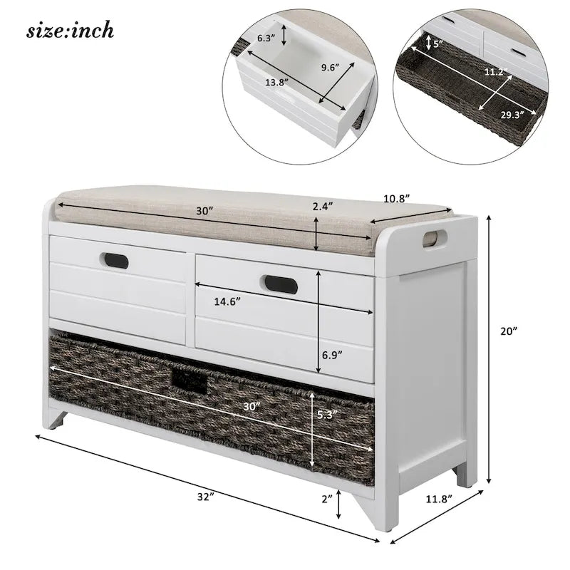 Storage Bench with Removable Basket and 2 Drawers