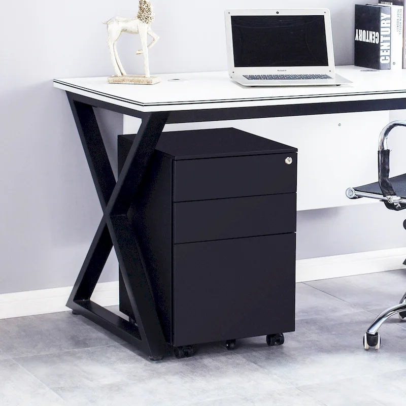 3 Drawer Mobile File Cabinet with Lock Steel File Cabinet(Black)