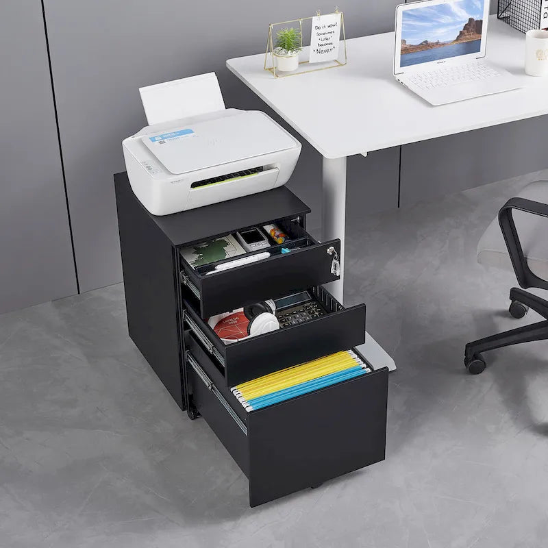 3 Drawer Mobile File Cabinet with Lock Steel File Cabinet(Black)