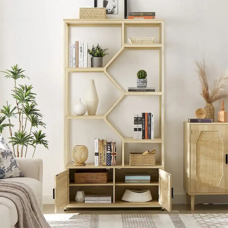 7-Tier Rattan Decor Bookshelf Display Stand with cabinet