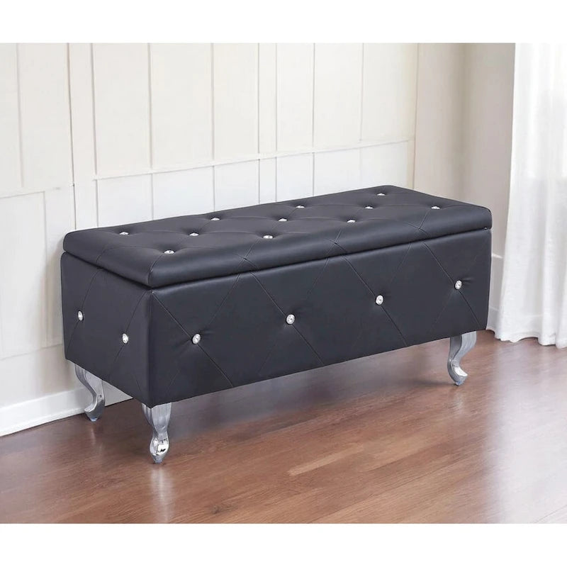 38 Black and Silver Faux Leather Storage Bench With Flip Top 38