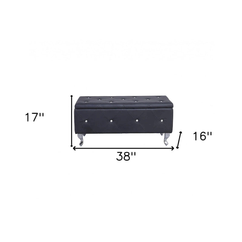 38 Black and Silver Faux Leather Storage Bench With Flip Top 38