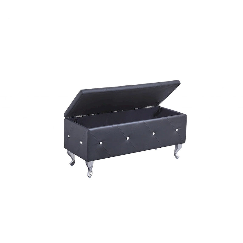 38 Black and Silver Faux Leather Storage Bench With Flip Top 38