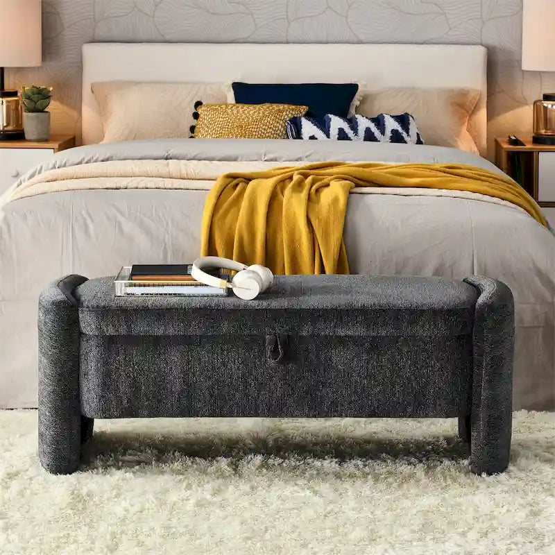 Oval Ottoman Storage Bench Chenille Fabric Bench w/Large Storage Space