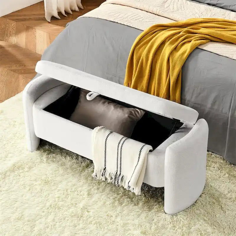 Oval Ottoman Storage Bench Chenille Fabric Bench w/Large Storage Space
