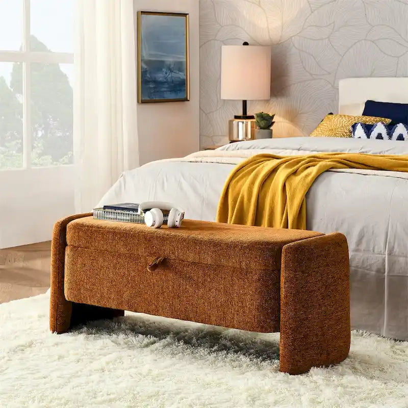Oval Ottoman Storage Bench Chenille Fabric Bench w/Large Storage Space