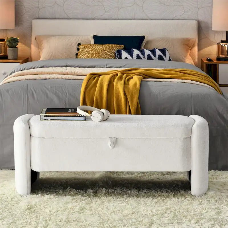 Oval Ottoman Storage Bench Chenille Fabric Bench w/Large Storage Space