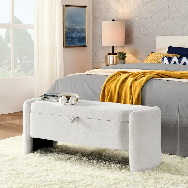 Oval Ottoman Storage Bench Chenille Fabric Bench w/Large Storage Space