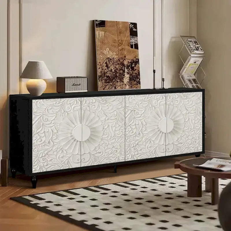 Vintage Large Cabinet with Faceted Carved and Spliced Doors