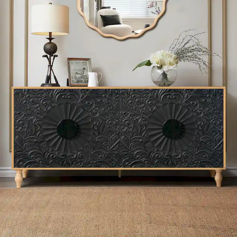 Vintage Large Cabinet with Faceted Carved and Spliced Doors
