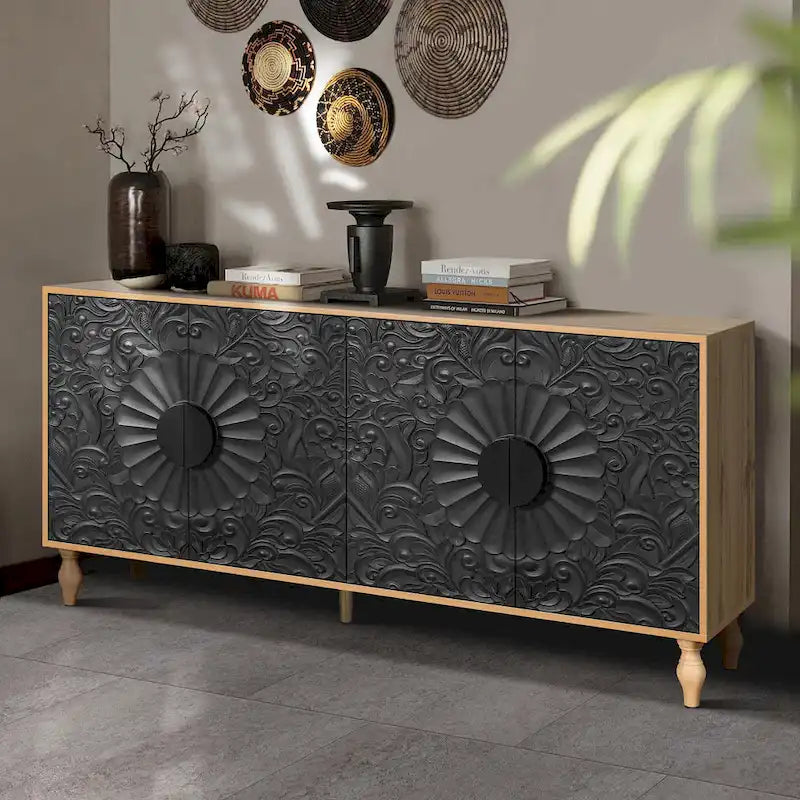Vintage Large Cabinet with Faceted Carved and Spliced Doors