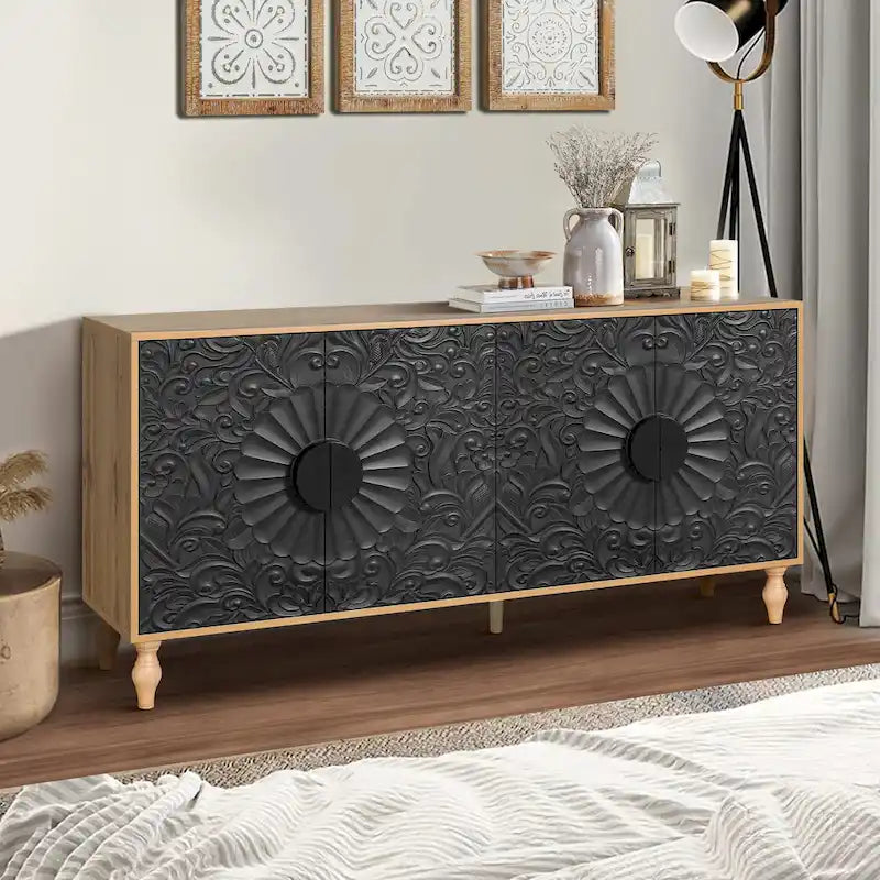 Vintage Large Cabinet with Faceted Carved and Spliced Doors