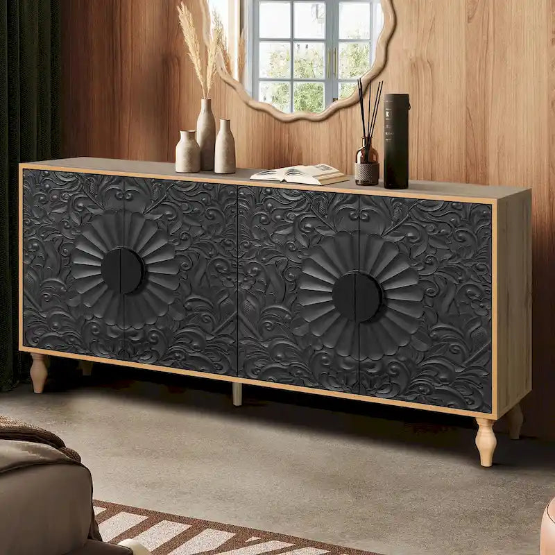 Vintage Large Cabinet with Faceted Carved and Spliced Doors