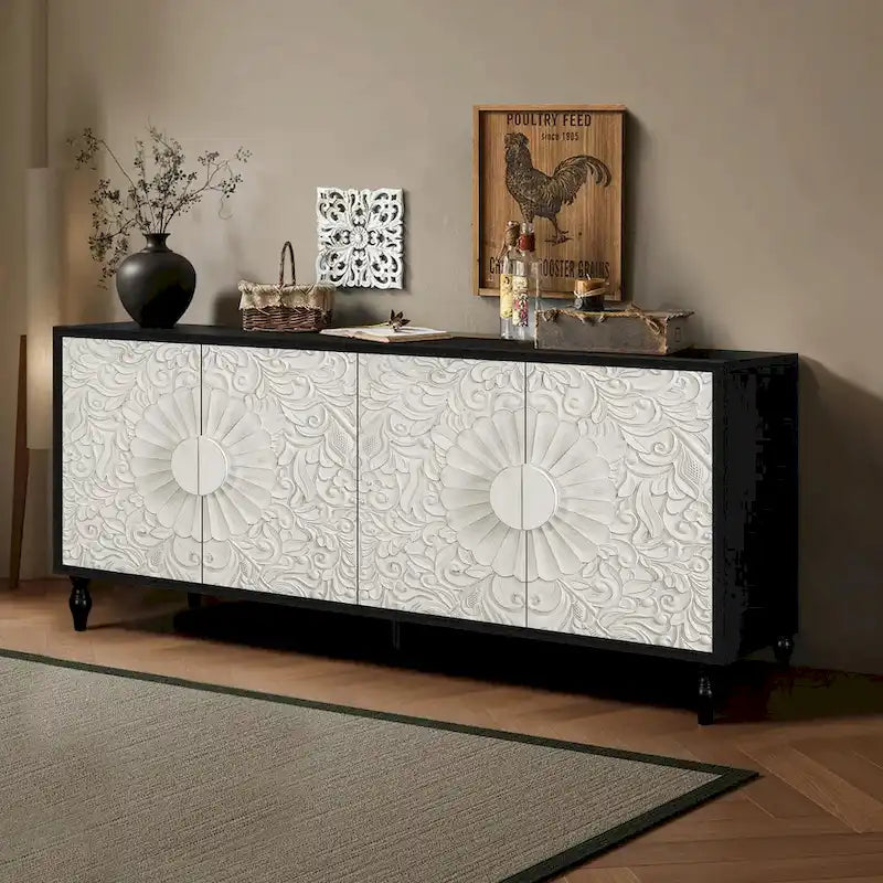 Vintage Large Cabinet with Faceted Carved and Spliced Doors