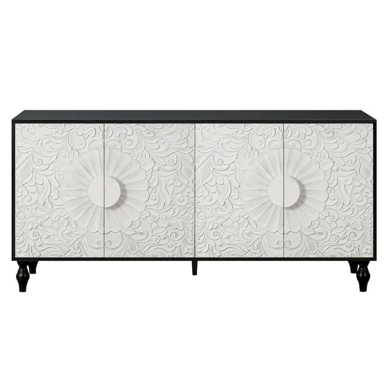 Vintage Large Cabinet with Faceted Carved and Spliced Doors