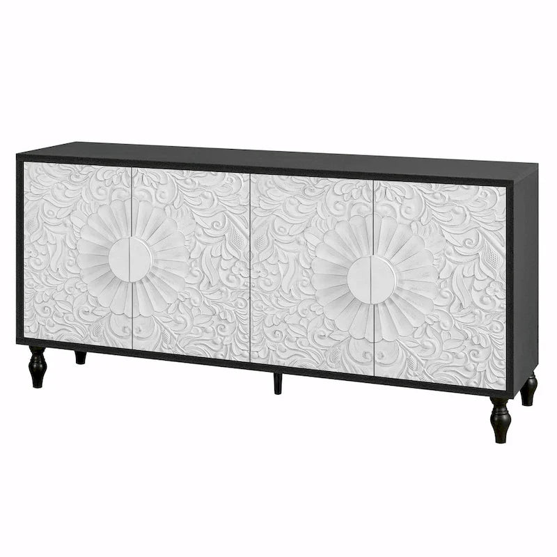 Vintage Large Cabinet with Faceted Carved and Spliced Doors