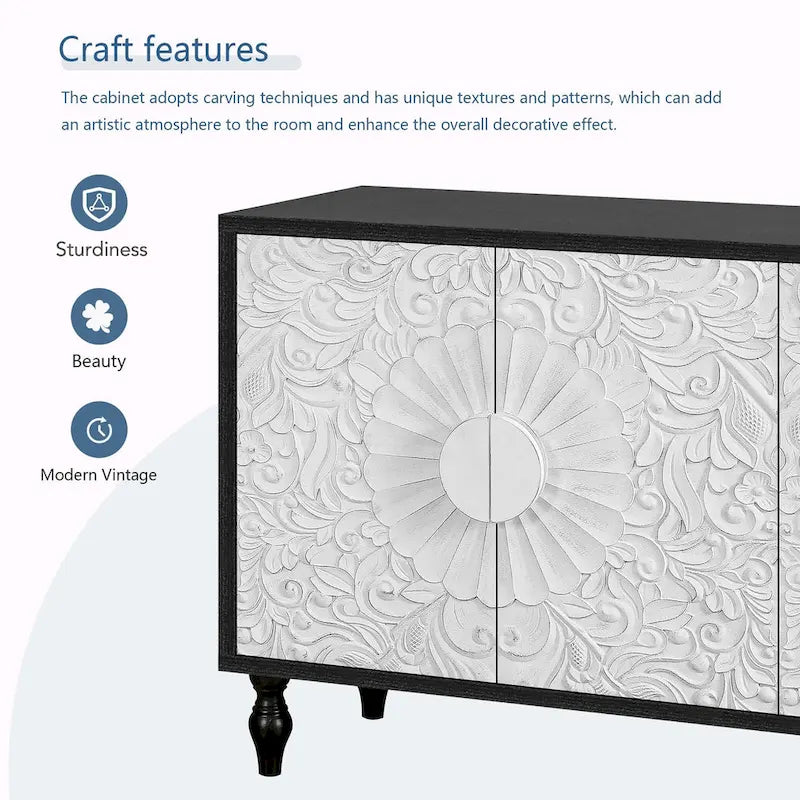 Vintage Large Cabinet with Faceted Carved and Spliced Doors