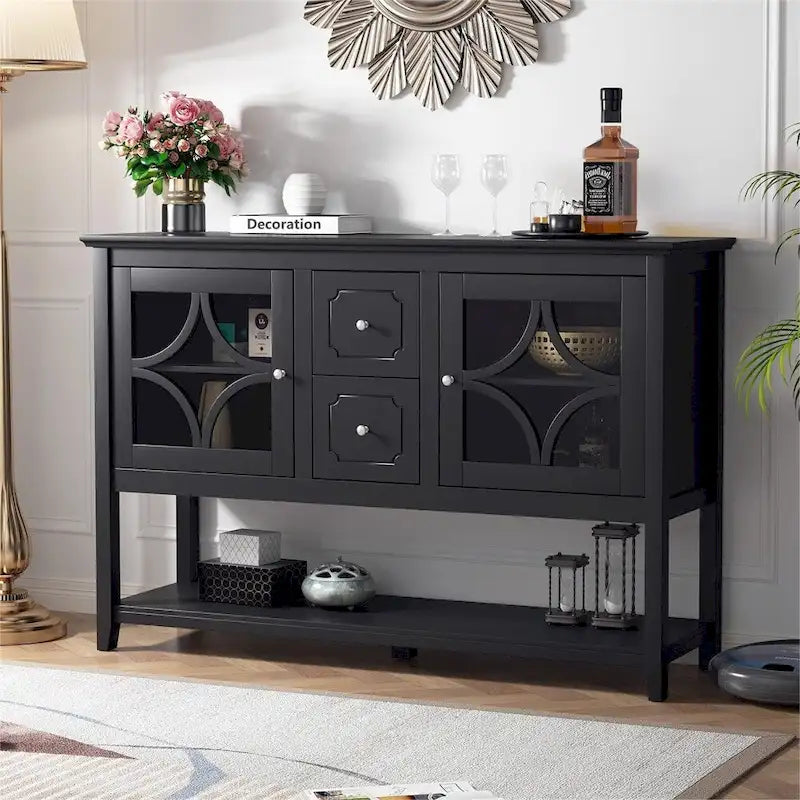 Wood Sideboard Buffet with Adjustable Shelves and Tempered Glass Doors