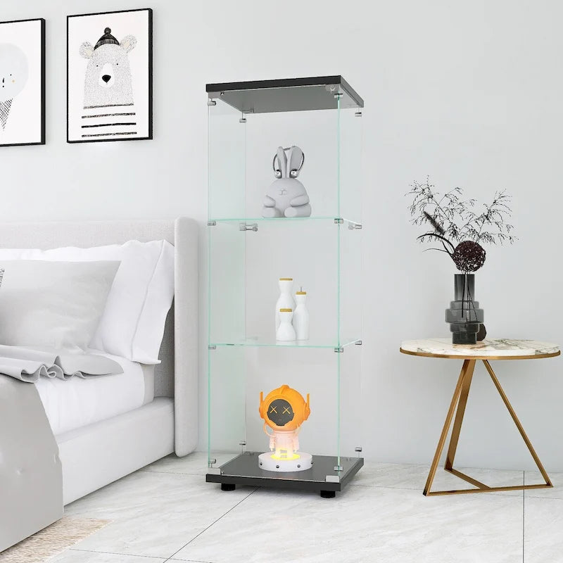 Glass Display Cabinet with 3 Shelves, One-Door Curio Cabinets, Black Floor Standing Glass Bookshelf, Quick Installation