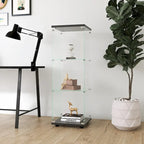 Glass Display Cabinet with 3 Shelves, One-Door Curio Cabinets, Black Floor Standing Glass Bookshelf, Quick Installation