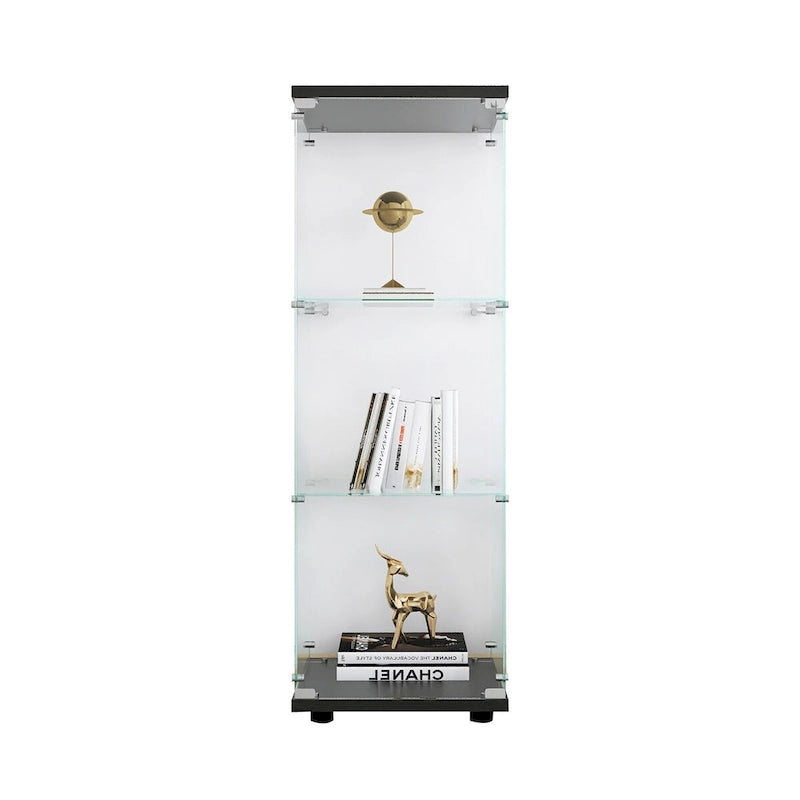 Glass Display Cabinet with 3 Shelves, One-Door Curio Cabinets, Black Floor Standing Glass Bookshelf, Quick Installation