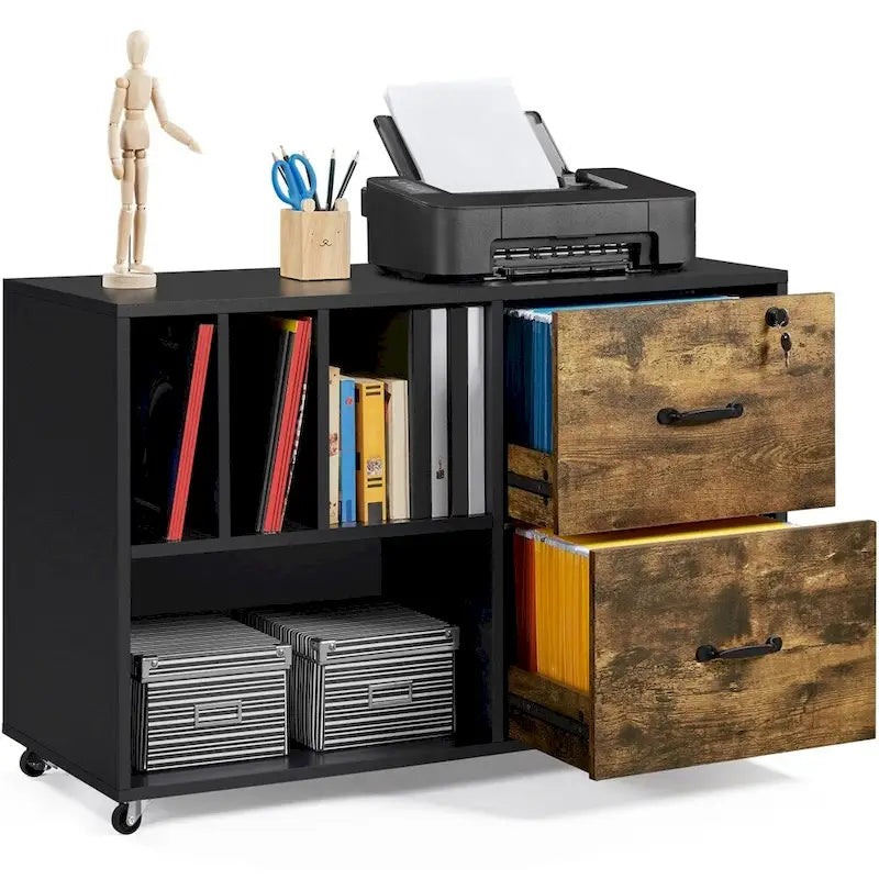 Rolling File Cabinet with 2 Drawers and 2 Open Shelves