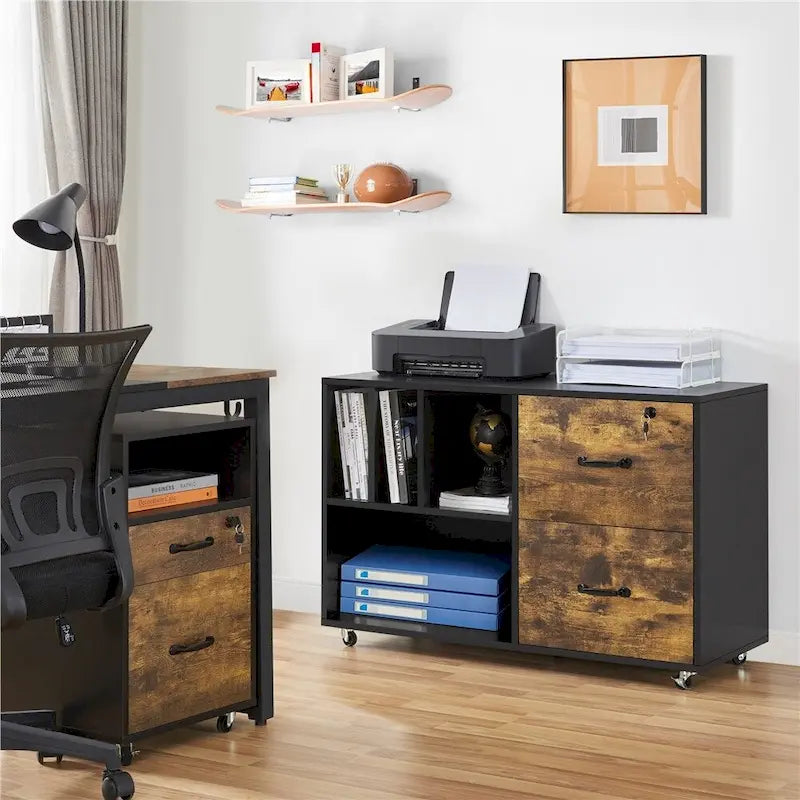 Rolling File Cabinet with 2 Drawers and 2 Open Shelves