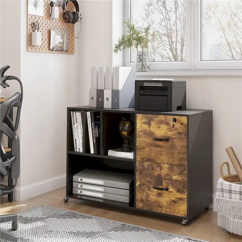 Rolling File Cabinet with 2 Drawers and 2 Open Shelves