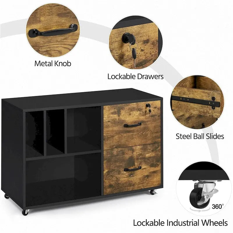 Rolling File Cabinet with 2 Drawers and 2 Open Shelves